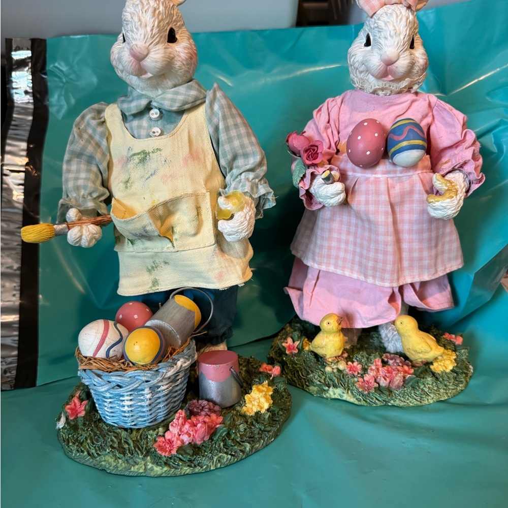 Easter Bunny Figurines with Eggs and Chicks missing couple of pieces